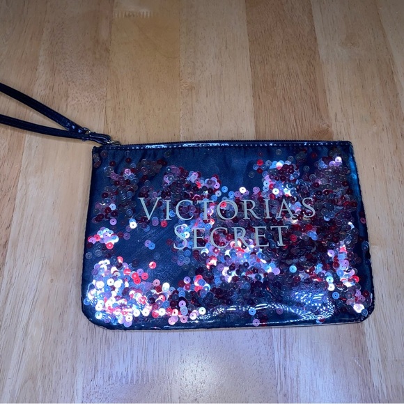 Victoria’s Secret Black Wristlet Cosmetic Bag with Floating Sequins - Picture 1 of 6